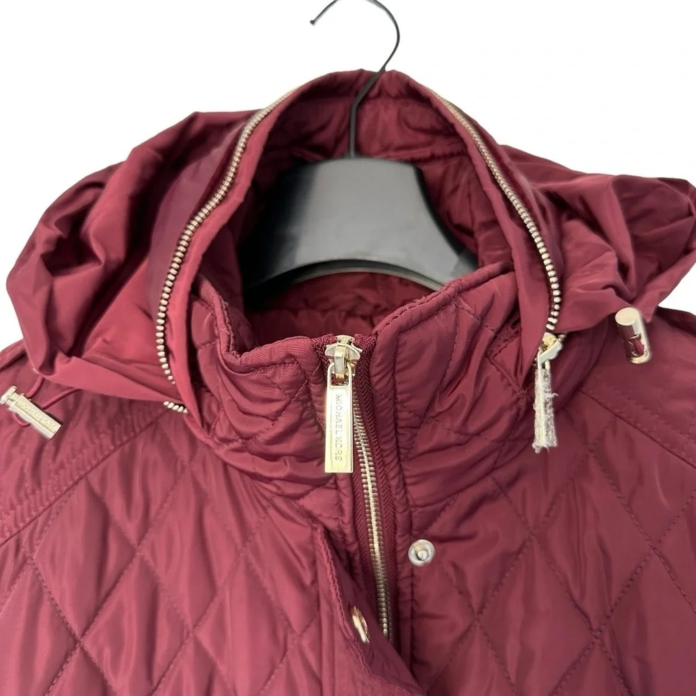NWOT WOMENS MICHAEL KORS MAROON PUFFER COAT ZIP UP KNEE LENGTH W/ BELT & HOOD 1X - Picture 13 of 17